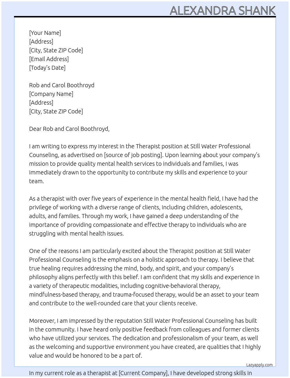Therapist At Still Water Professional Counseling Cover Letter
