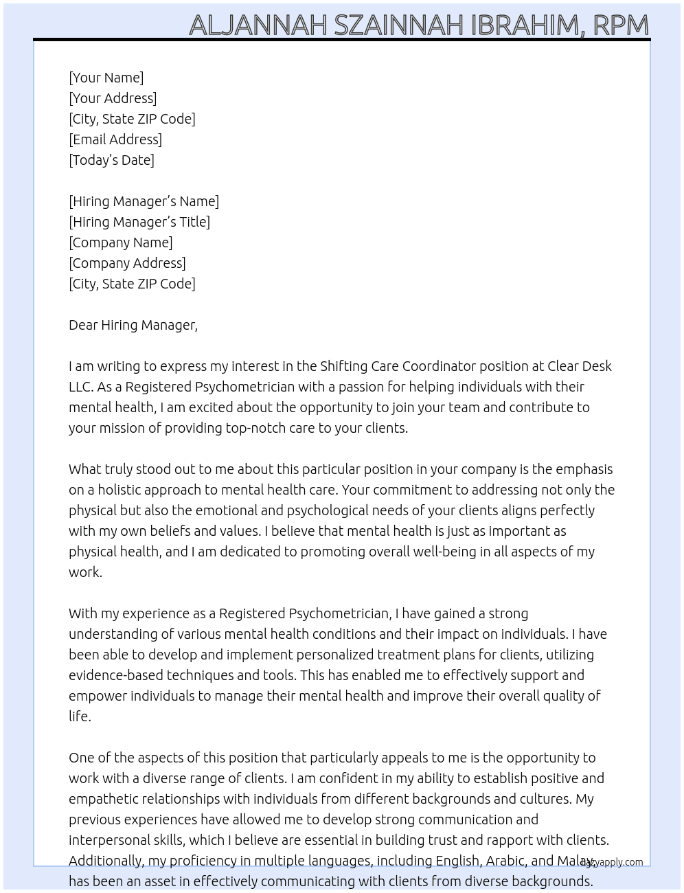 Shifting Care Coordinator At Clear Desk LLC. Cover Letter