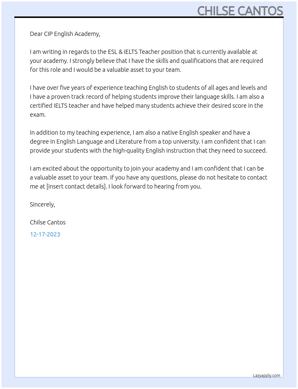 ESL & IELTS Teacher At CIP English Academy Cover Letter