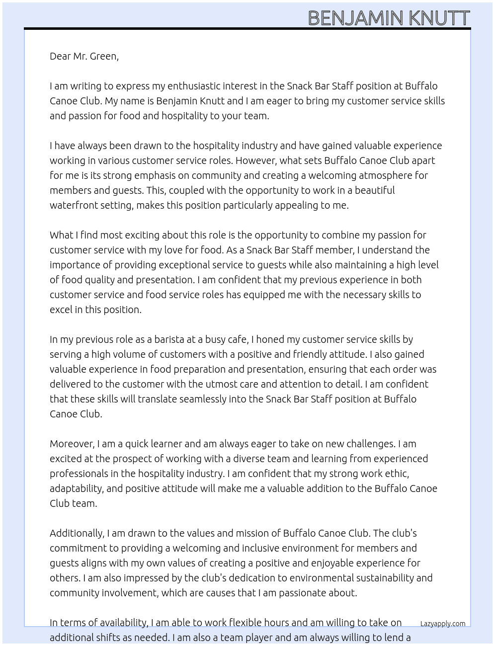 Snack Bar Staff At Buffalo Canoe Club Cover Letter