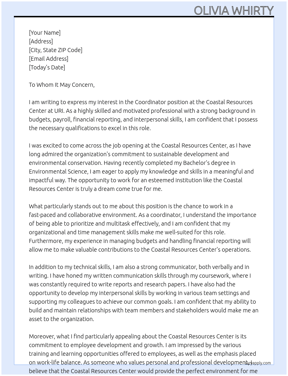 Coordinator At Coastal Resources Center at URI Cover Letter