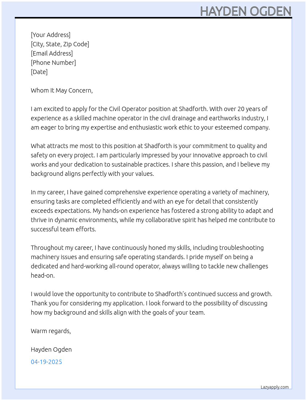 Civil Operator At Shadforth  Cover Letter