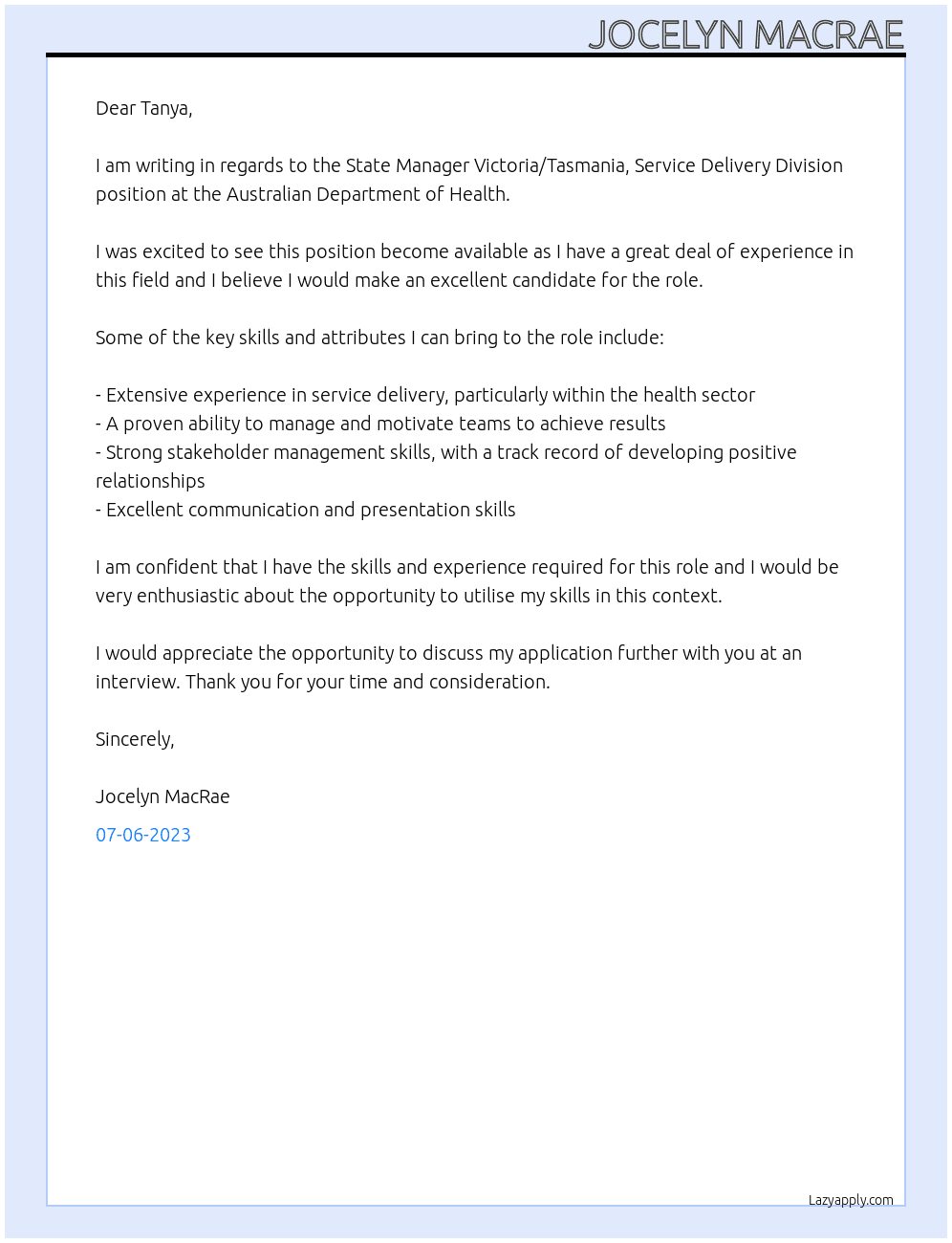 State Manager Victoria/Tasmania, Service Delivery Division At Australian Department of Health  Cover Letter
