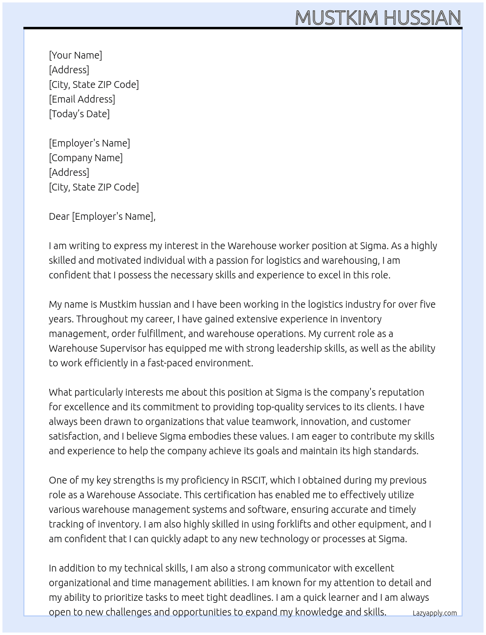 Werehouse At Sigma  Cover Letter