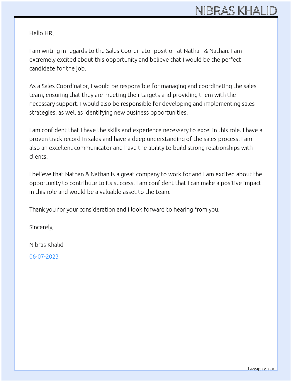 sales cordinator At nathan & nathan Cover Letter
