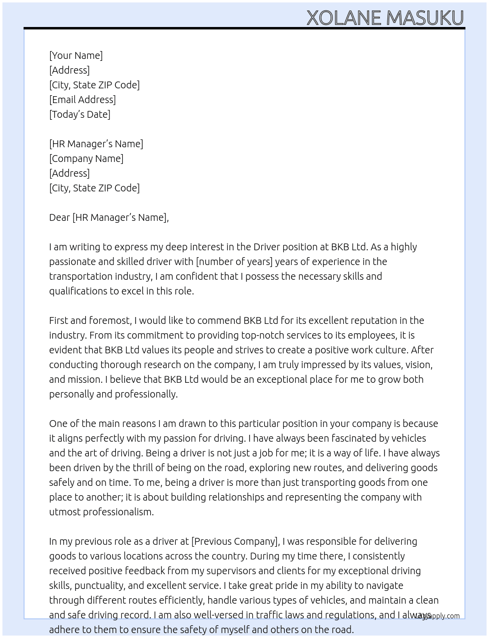Driver At BKB Ltd Cover Letter
