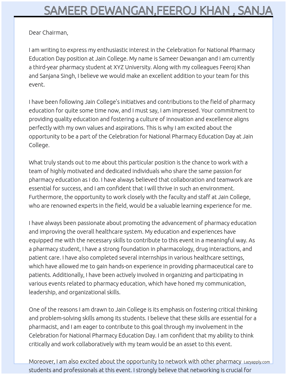 Celebration for national pharmacy education day At Jain College  Cover Letter