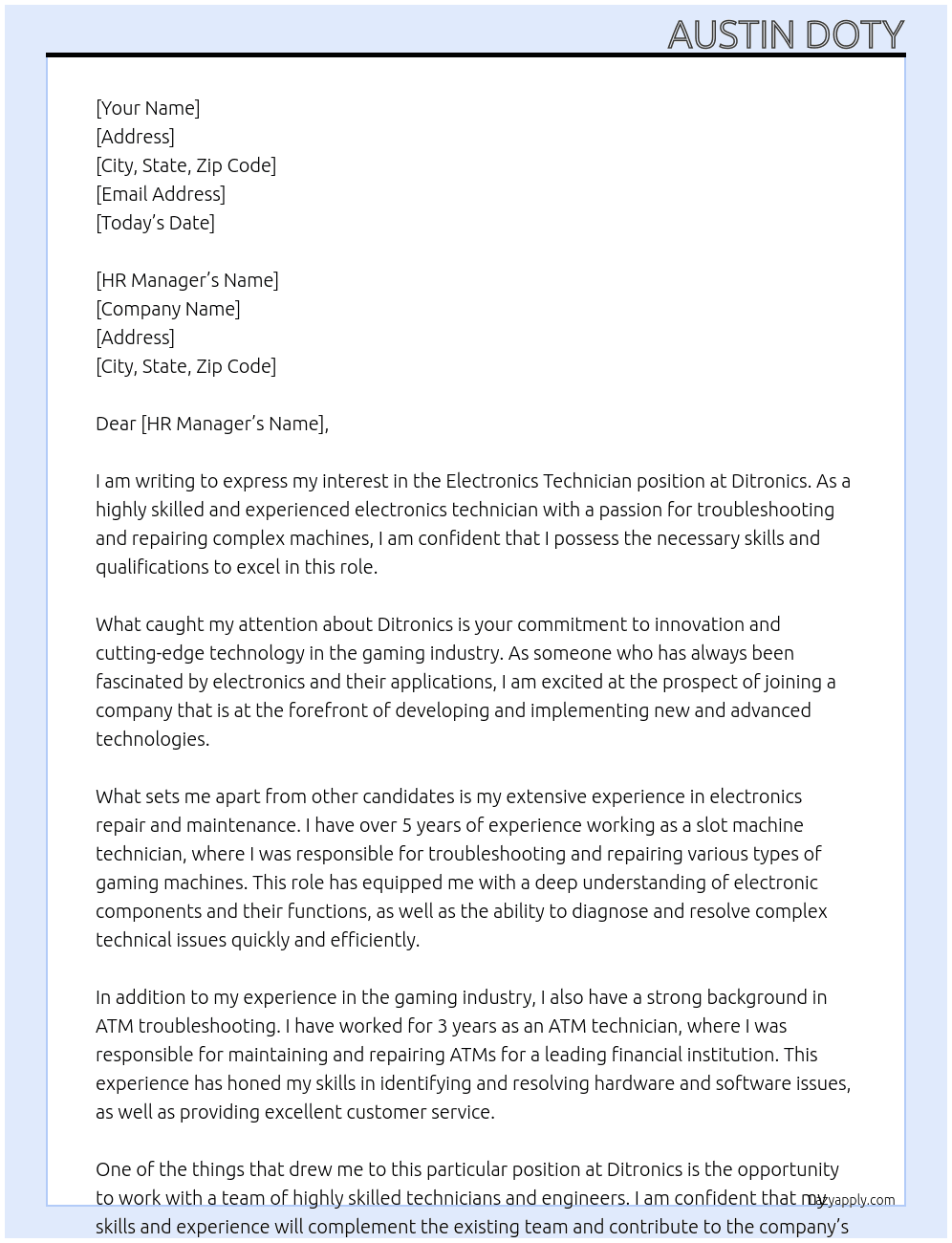 Electronics technician  At ditronics Cover Letter