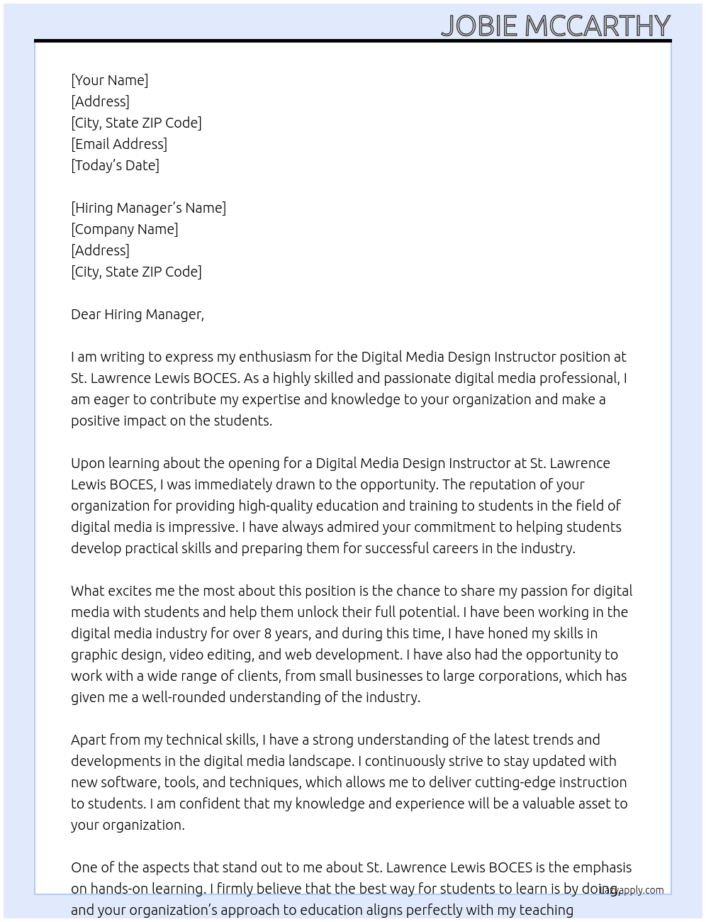 Digital Media Design Instructor At St. Lawrence Lewis BOCES Cover Letter