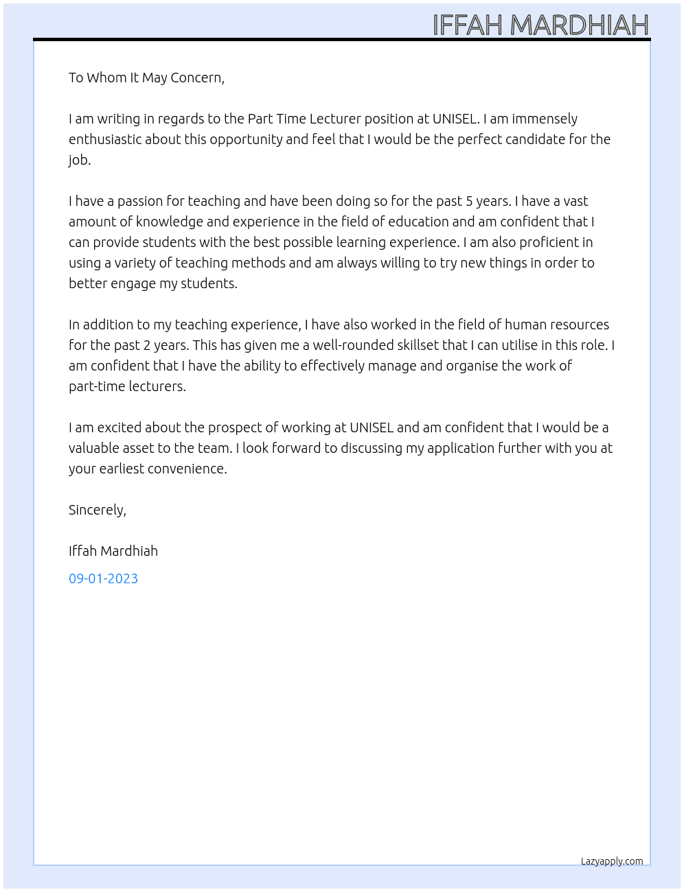 Part time lecturer At UNISEL Cover Letter