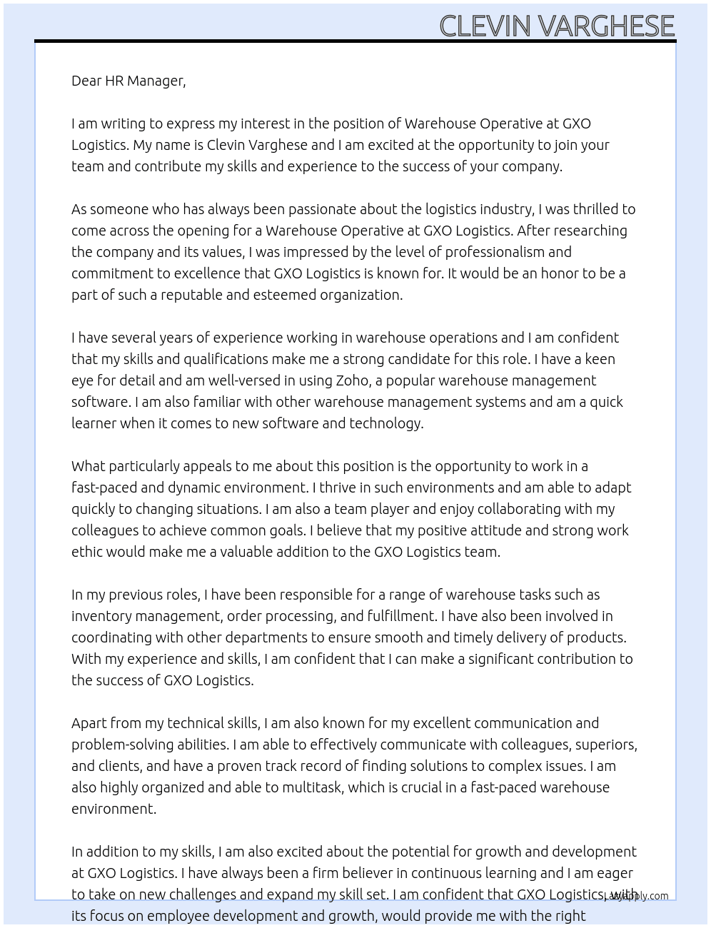 Warehouse operative At GXO Logistics Cover Letter