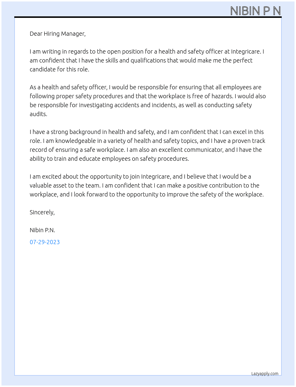 health and safety At Integricare Cover Letter