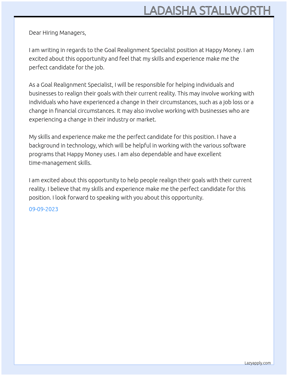 Goal Realignment Specialist At Happy Money Cover Letter