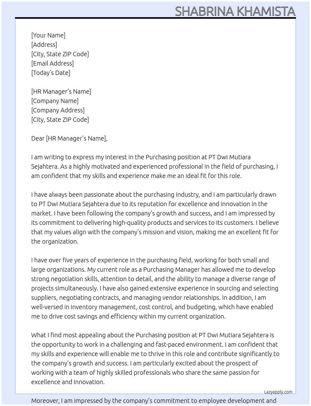 Cover letter for purchasing - LazyApply