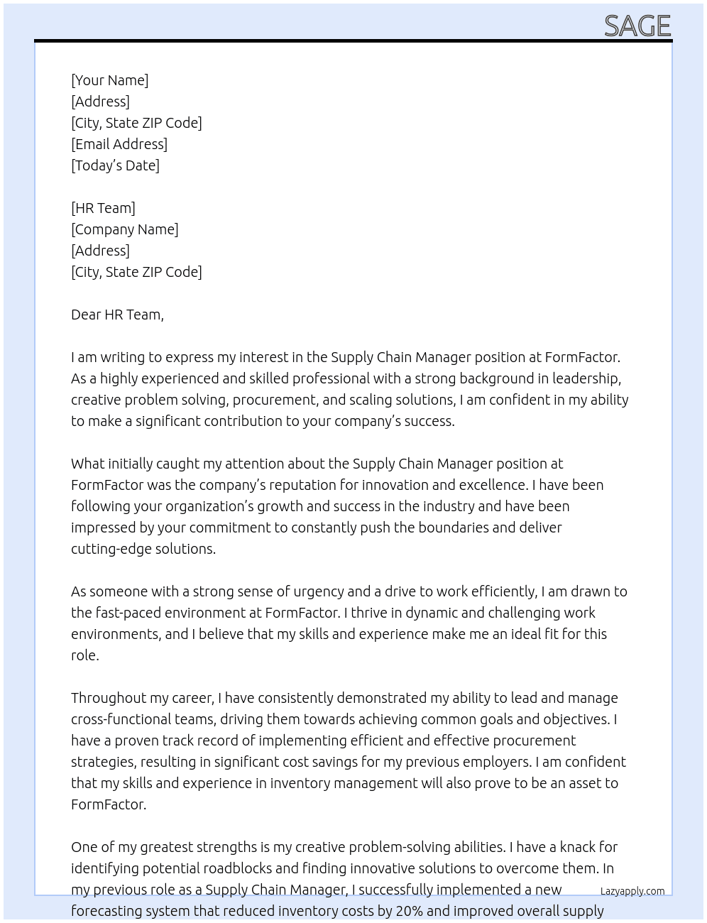 Supply Chain Manager At FormFactor Cover Letter