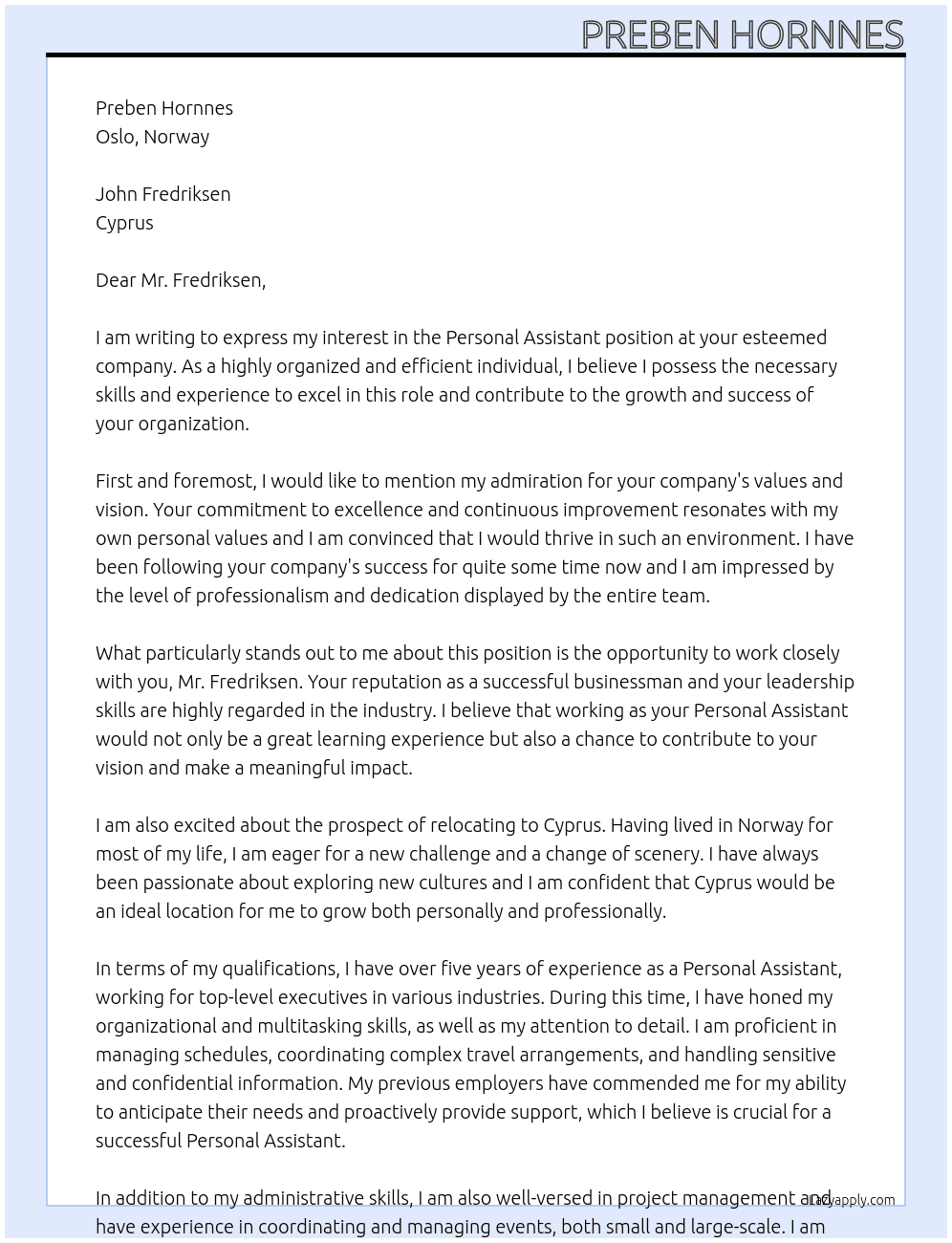 Personal assistent At John Fredriksen Cover Letter