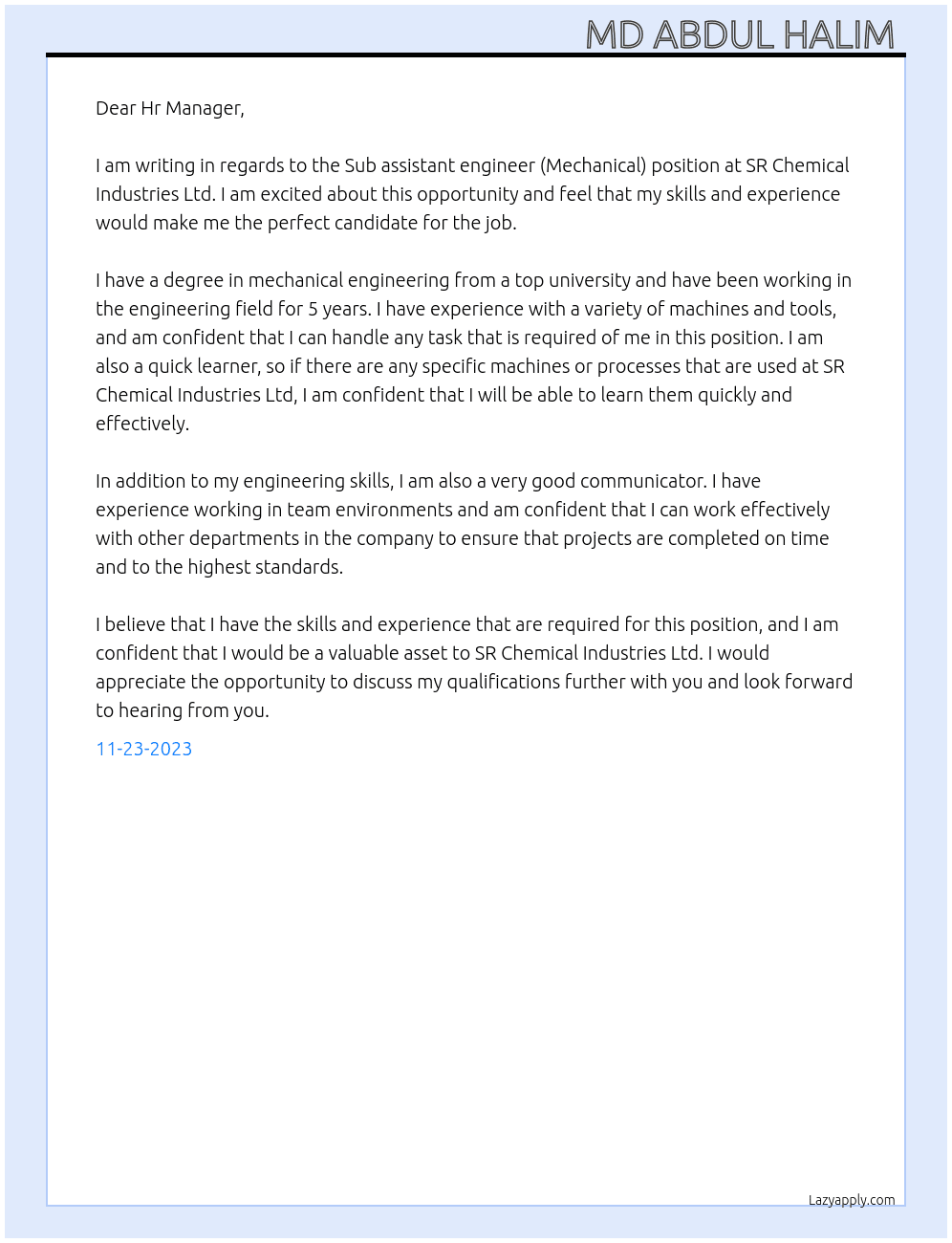 Sub assistant engineer (Mechanical) At SR Chemical Industries Ltd Cover Letter