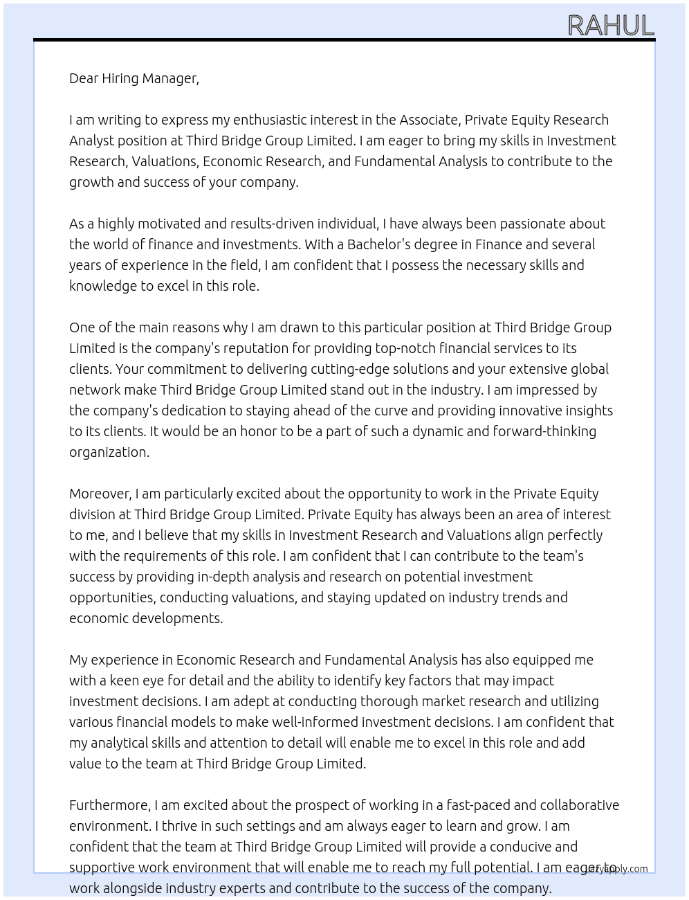 Associate, Private Equity Research Analyst At Third Bridge Group Limited Cover Letter