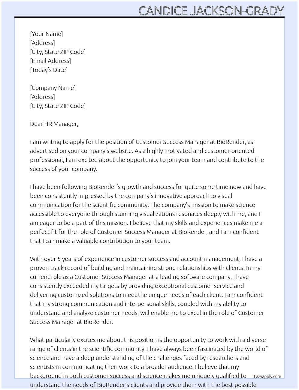 Customer Success Manager At BioRender Cover Letter