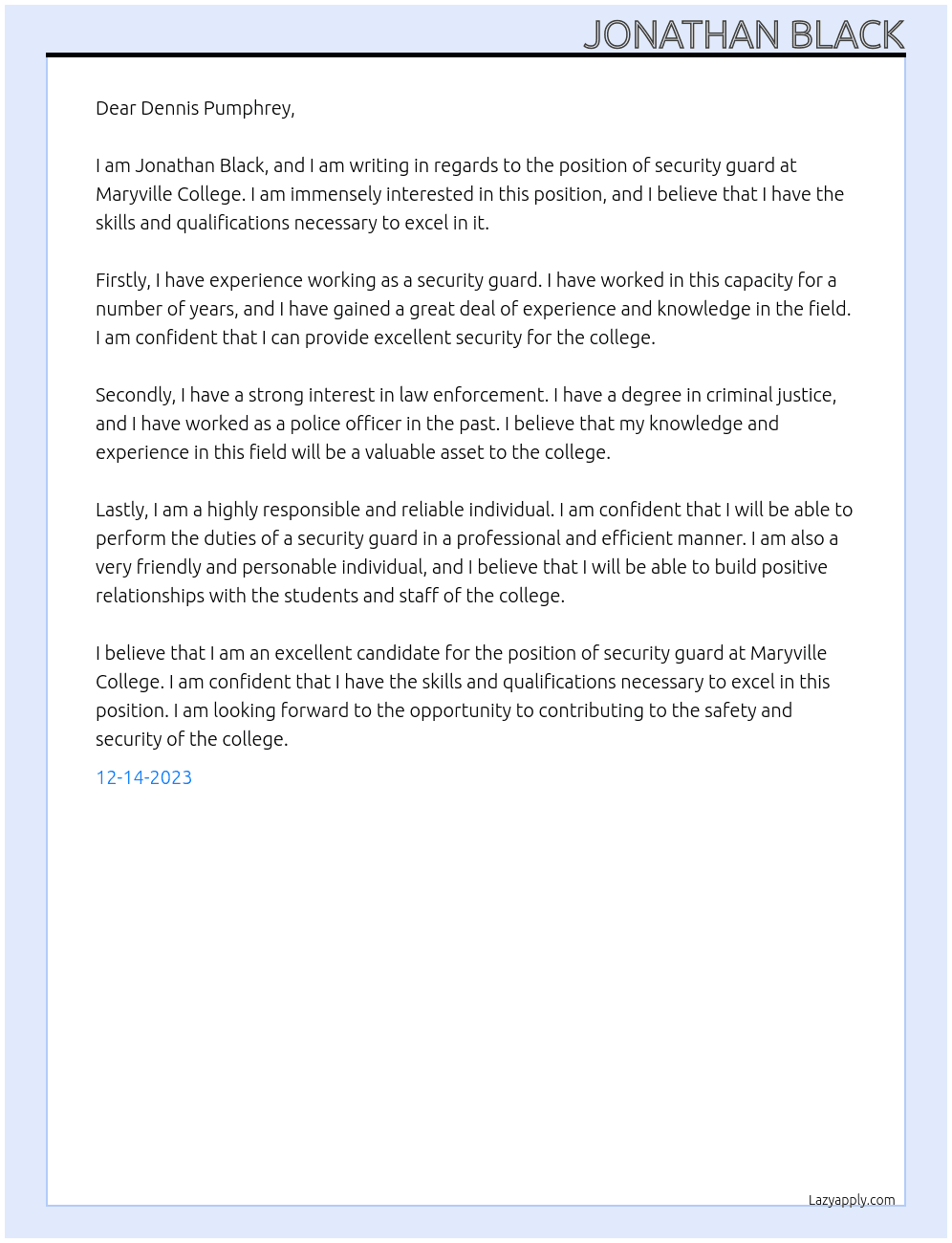 security guard  At Maryville College Cover Letter