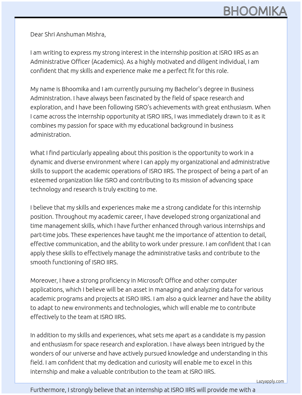 internship in isro iirs At ISRO Internship Cover Letter