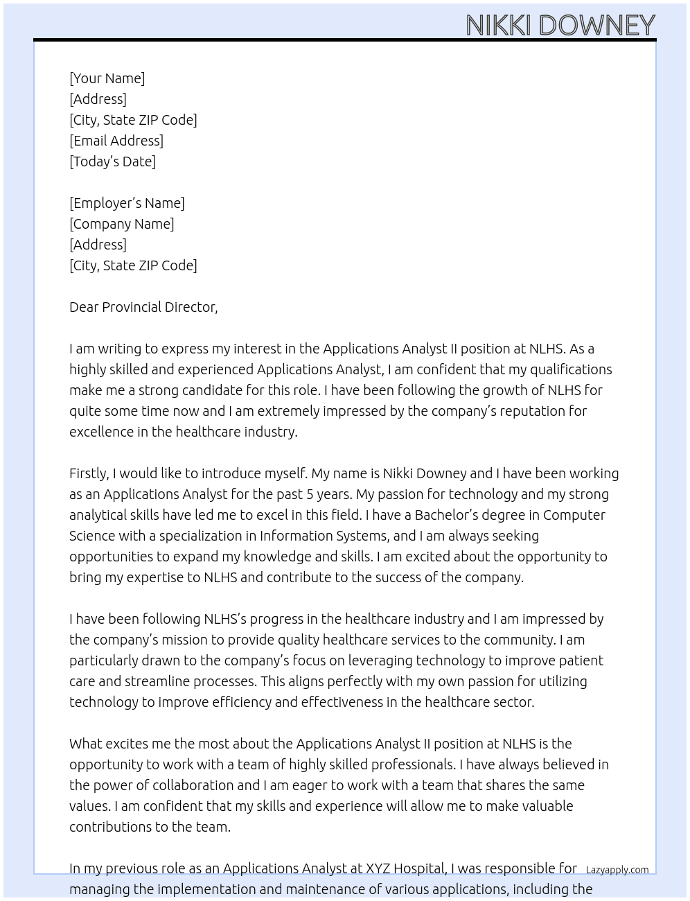 Applications Analyst II At NLHS Cover Letter