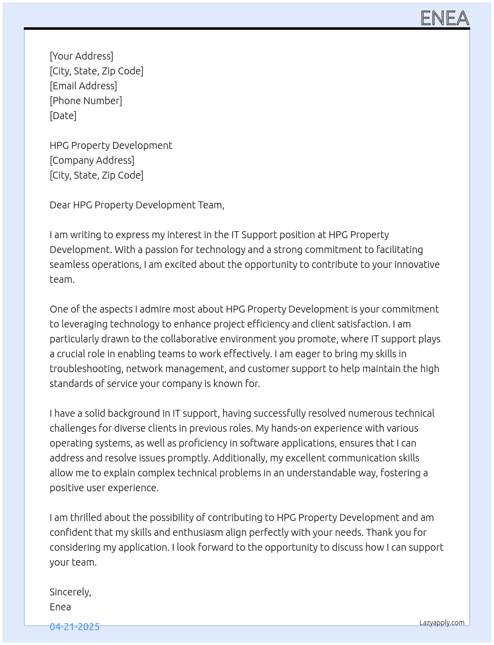 IT support At HPG Property Development Cover Letter