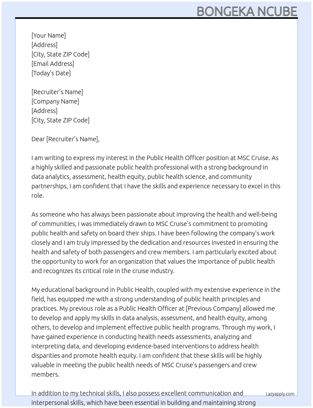 public health officer At MSC cruise Cover Letter