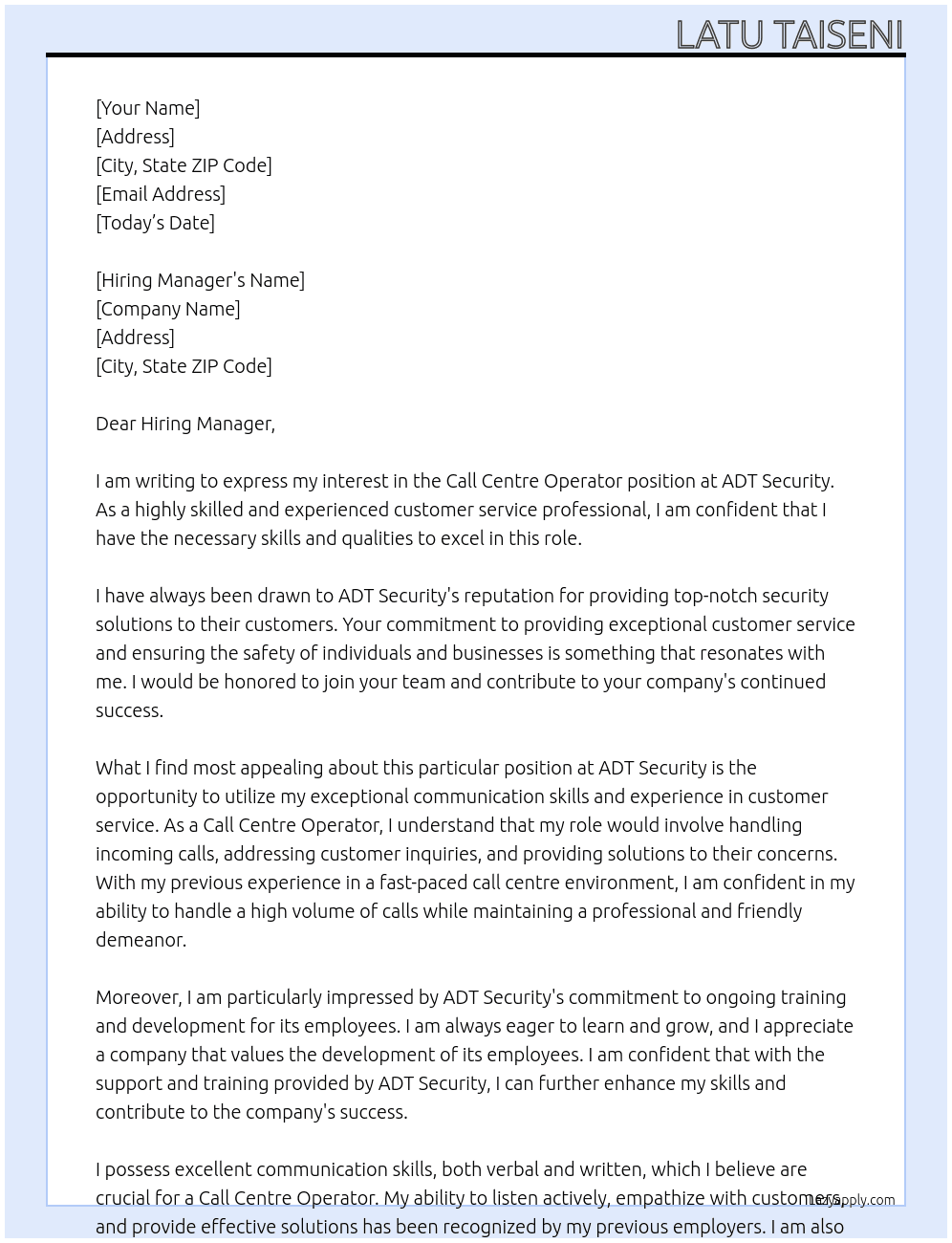 Call Centre Operator At ADT Security Cover Letter