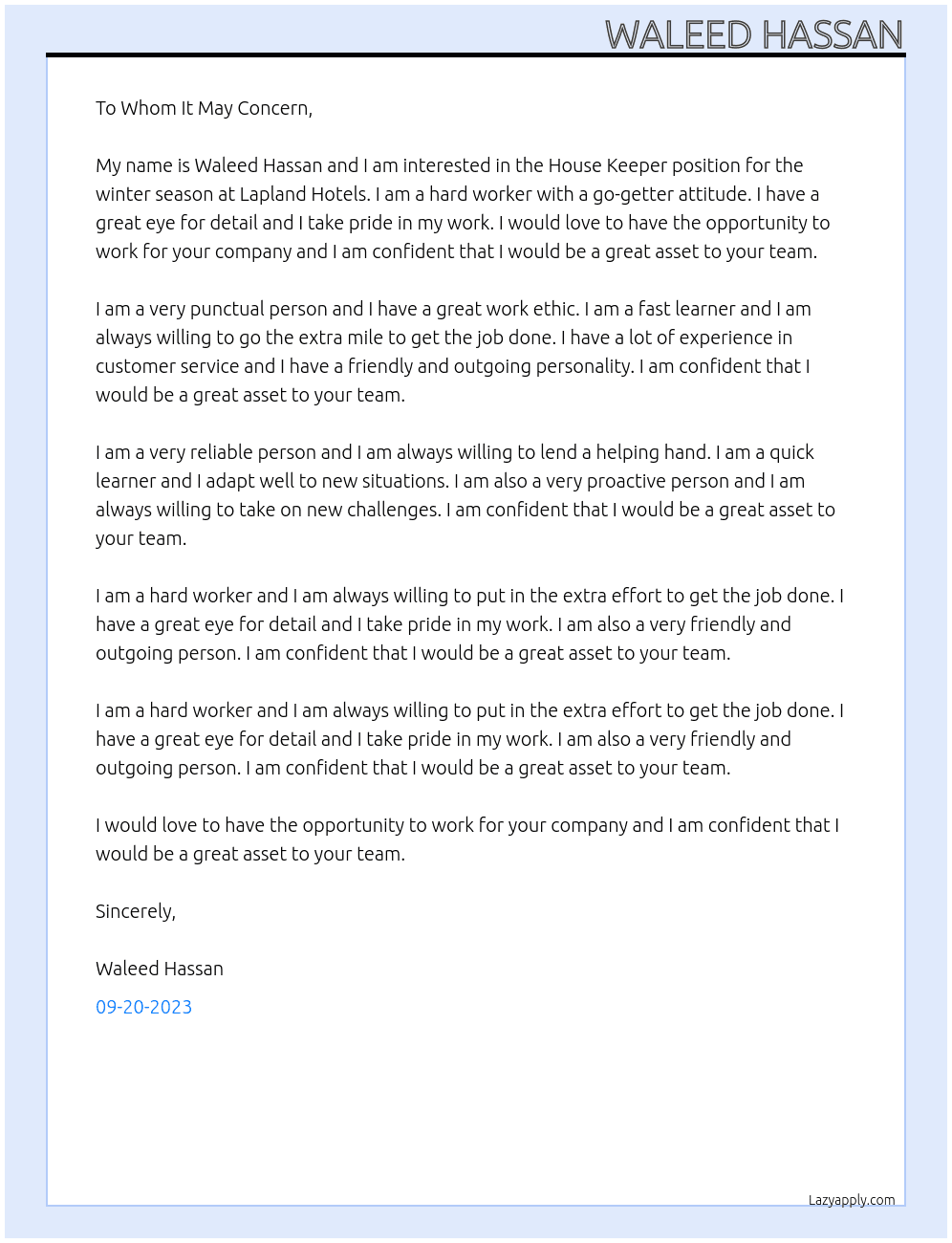 House Keeper for the winter season At Lapland Hotels Cover Letter