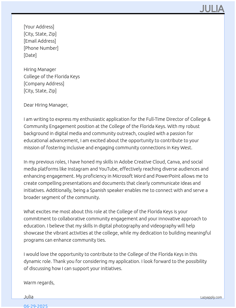 Director, College & Community Engagement At College of the Florida Keys  Cover Letter