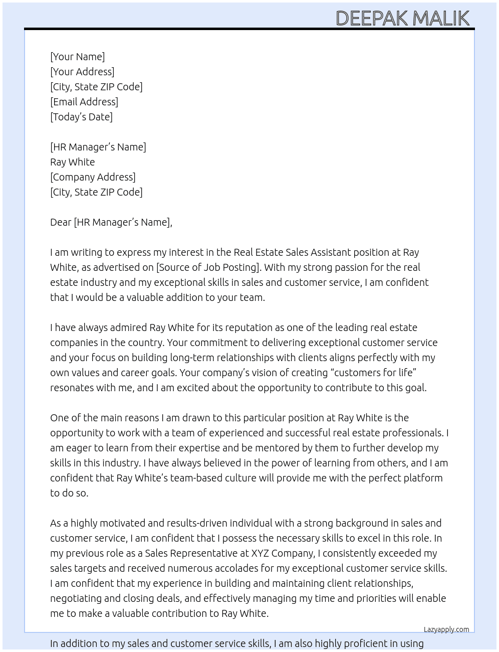 Real estate sales assistant  At Ray White  Cover Letter