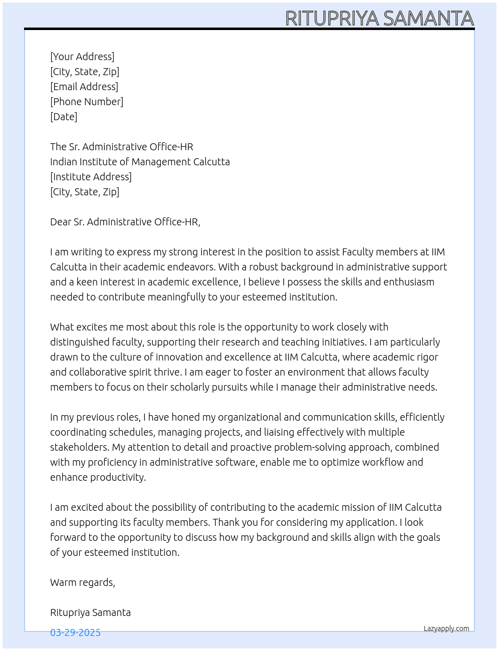 Cover letter for to assist iim calcutta faculty members in their academic endeavors in the manner as directed by the respective faculty. - LazyApply