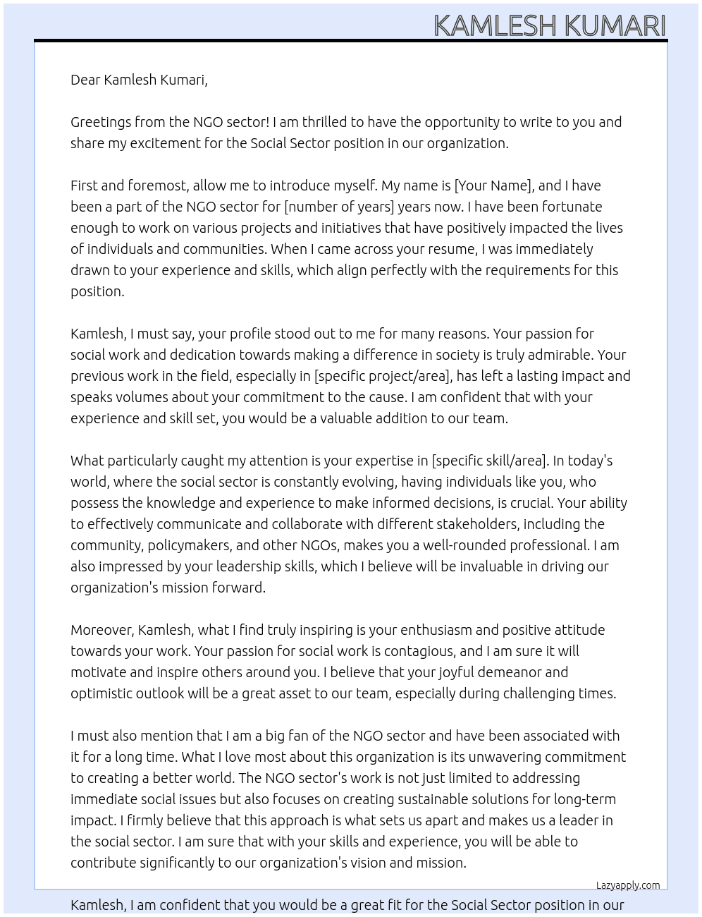 Social sector At NGO sector Cover Letter