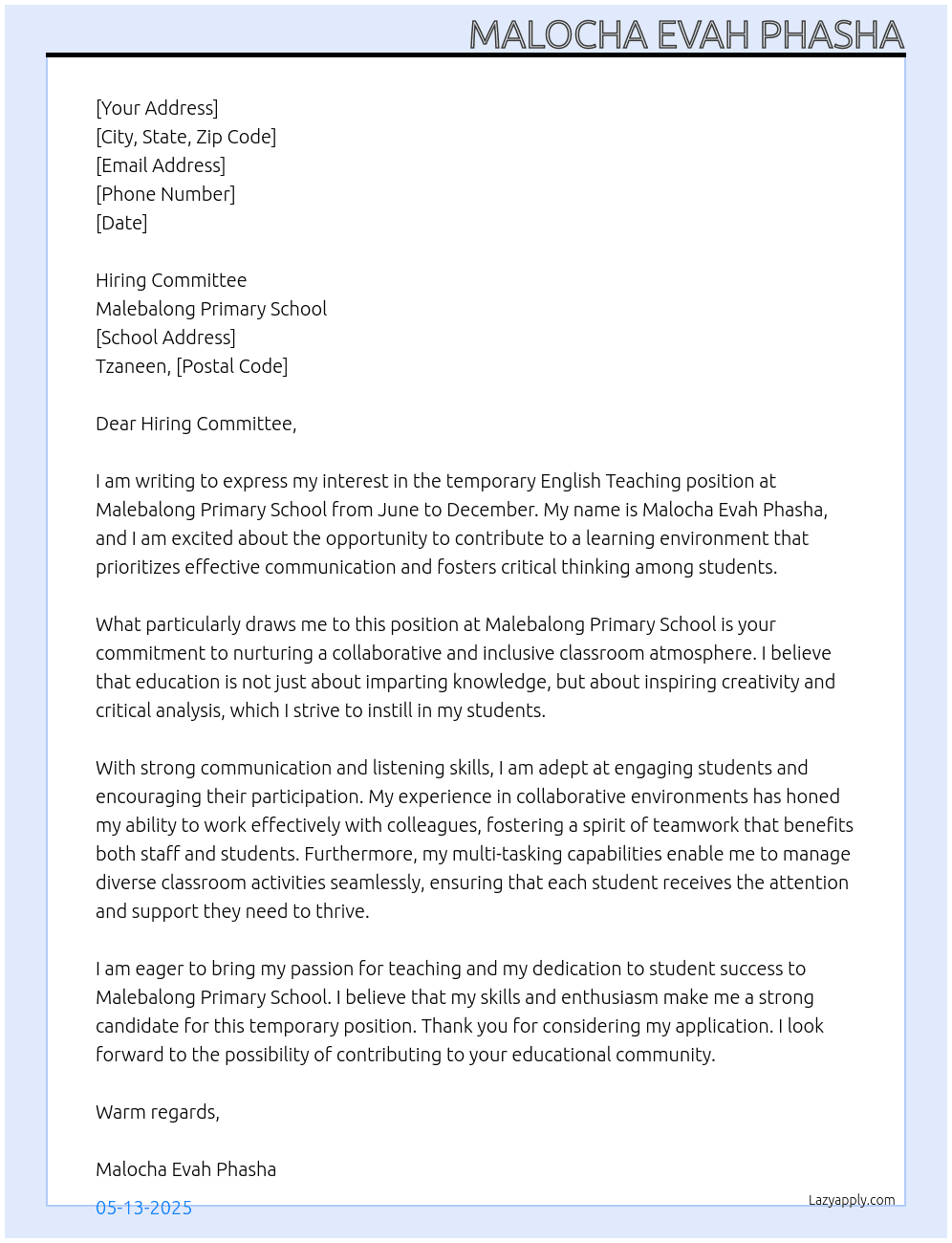 Teaching (English subject) At Teaching post that is about 7 months Cover Letter