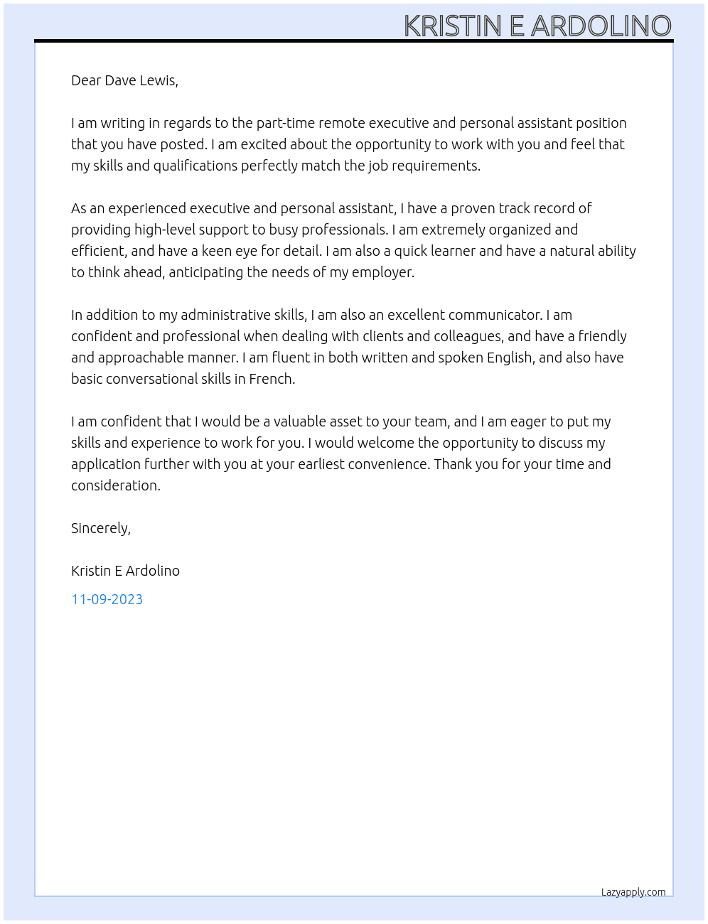 part-time remote executive and personal assistant At Dave Lewis Cover Letter