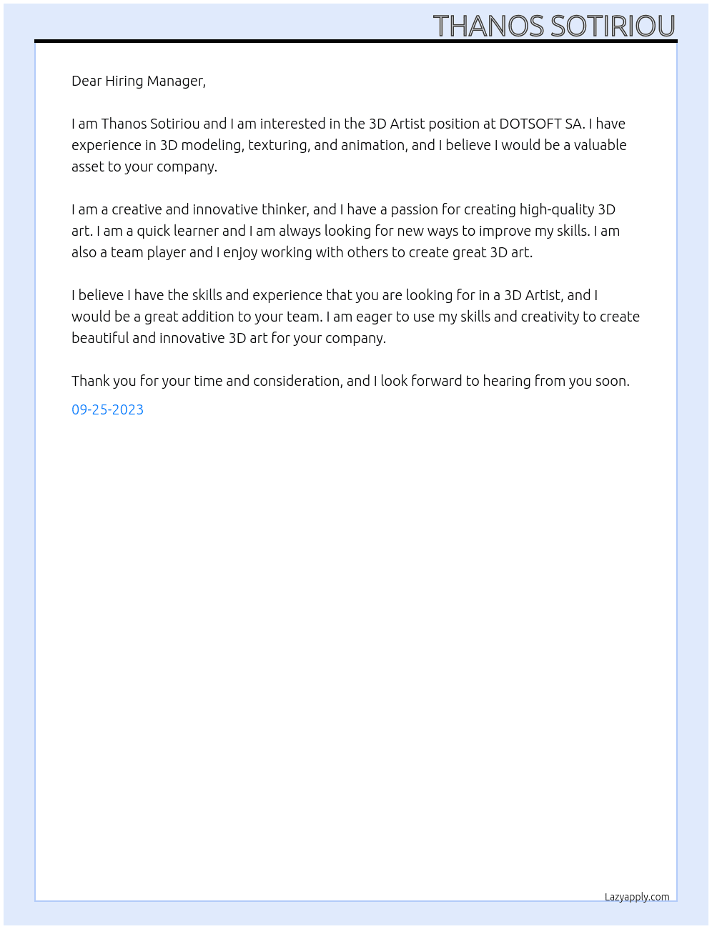 3D Artist At DOTSOFT SA Cover Letter