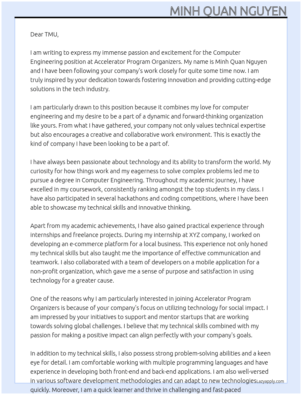 Computer Engineering At Accelerator Program Organizers Cover Letter