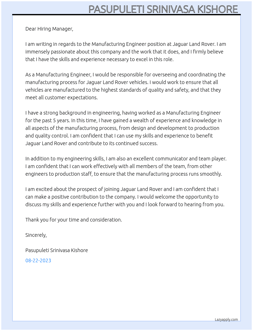 Manufacturing Engineer  At Jaguar Land Rover Cover Letter