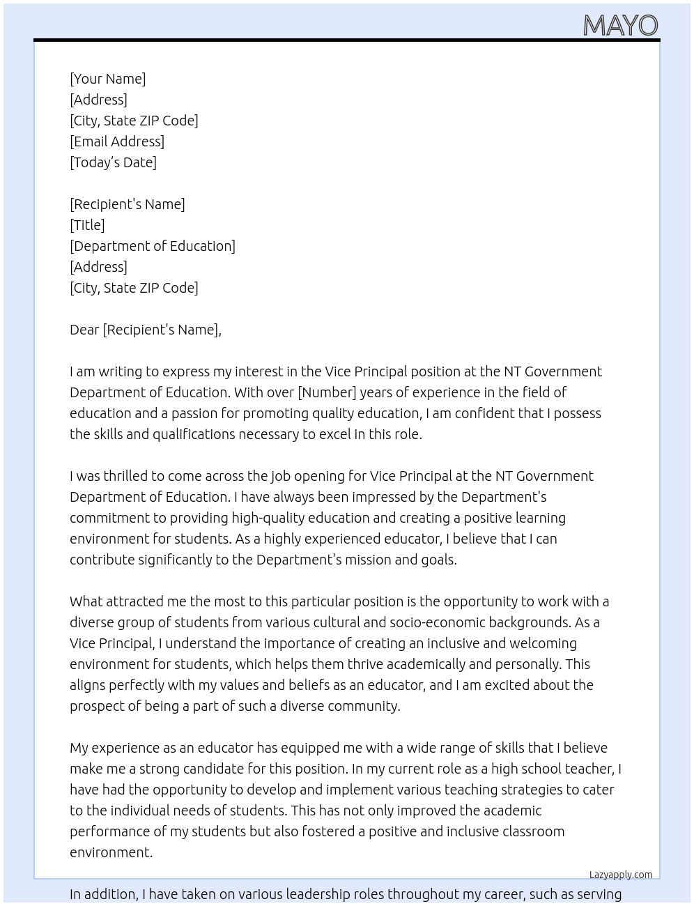 Vice principal At NT Government Cover Letter