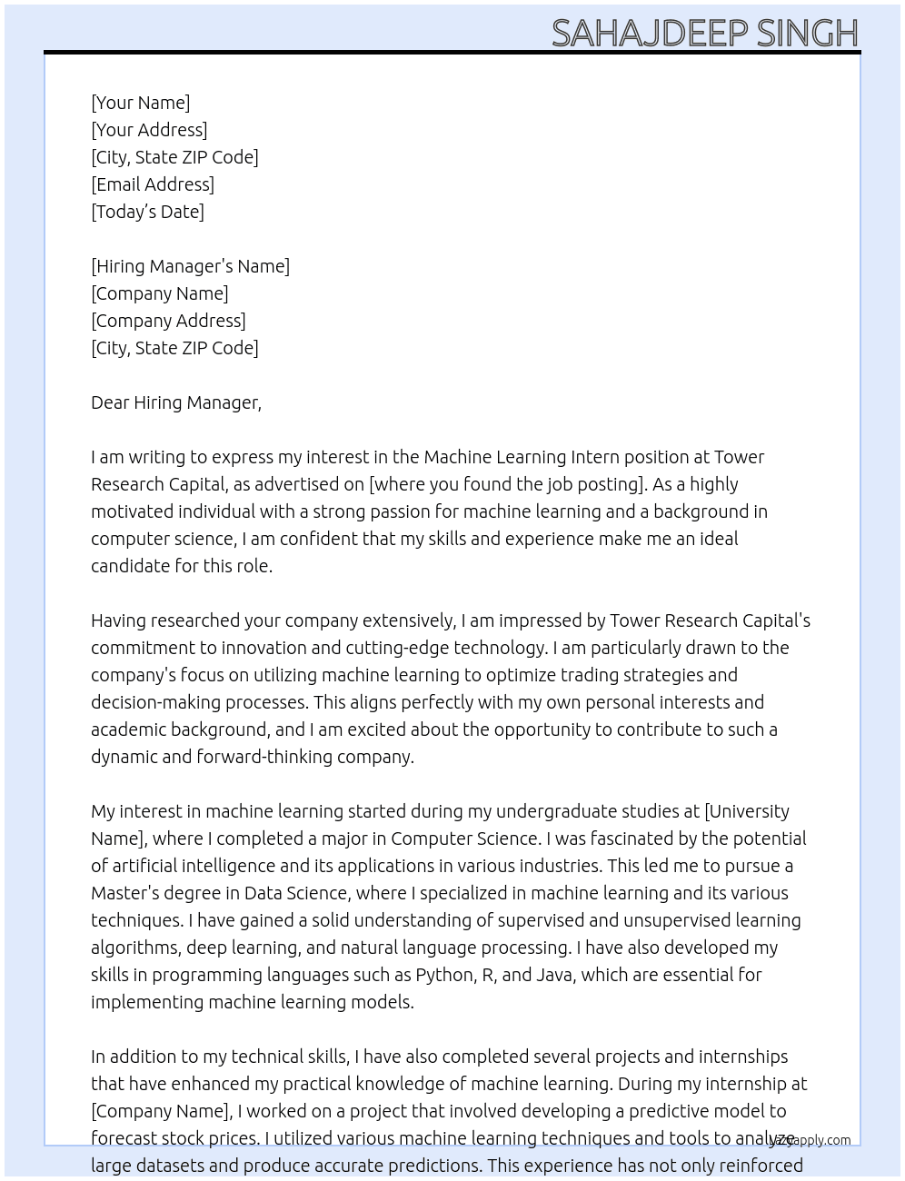 machine learning intern At Tower Research Capital Cover Letter