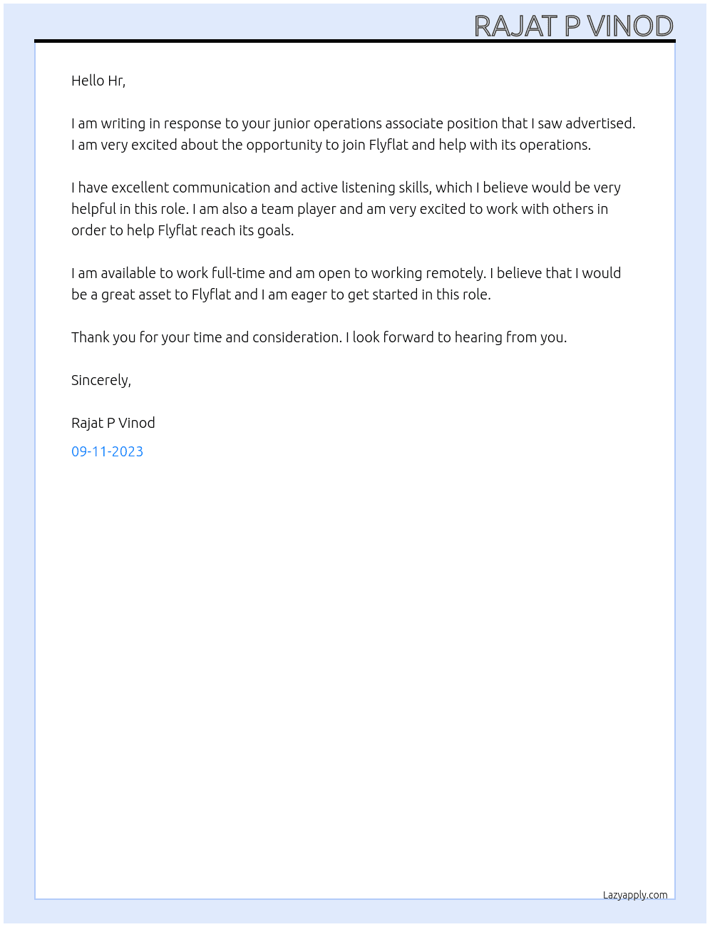 Junior operations associate  At Flyflat Cover Letter