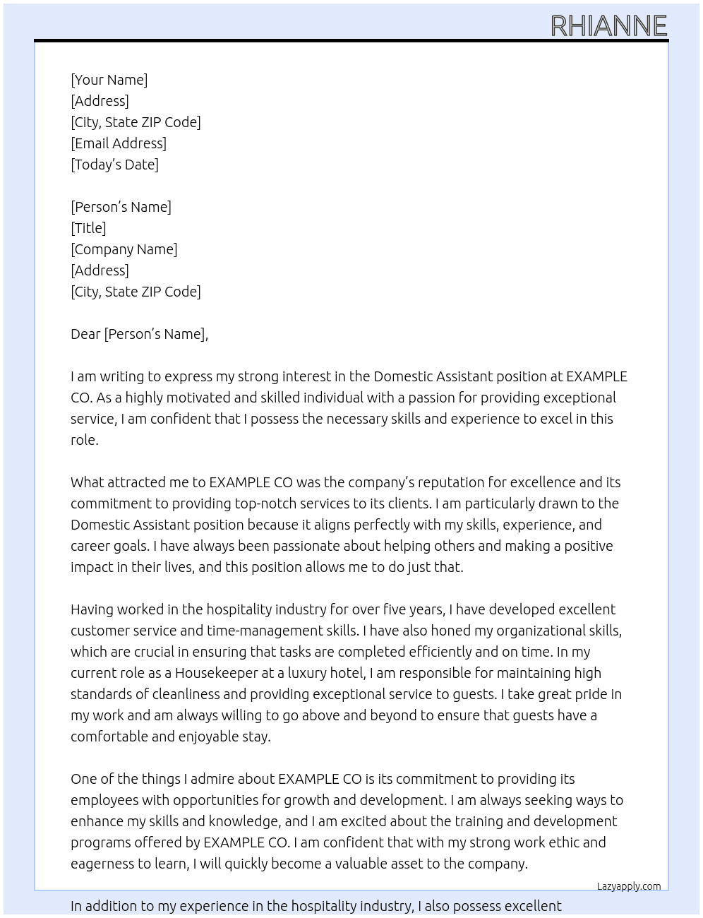 Domestic Assistant At EXAMPLE CO Cover Letter