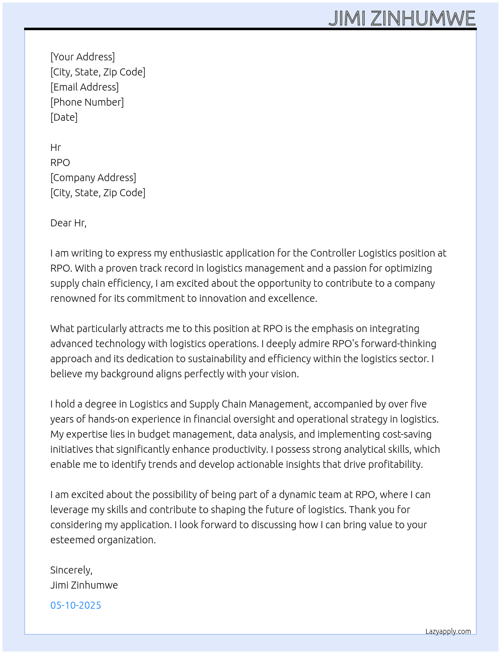 Controller  Logistics  At RPO Cover Letter
