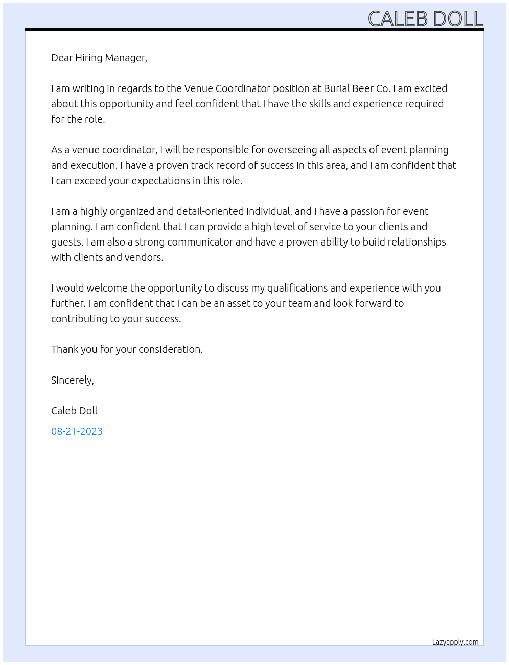 Venue Coordinator At Burial Beer Co Cover Letter