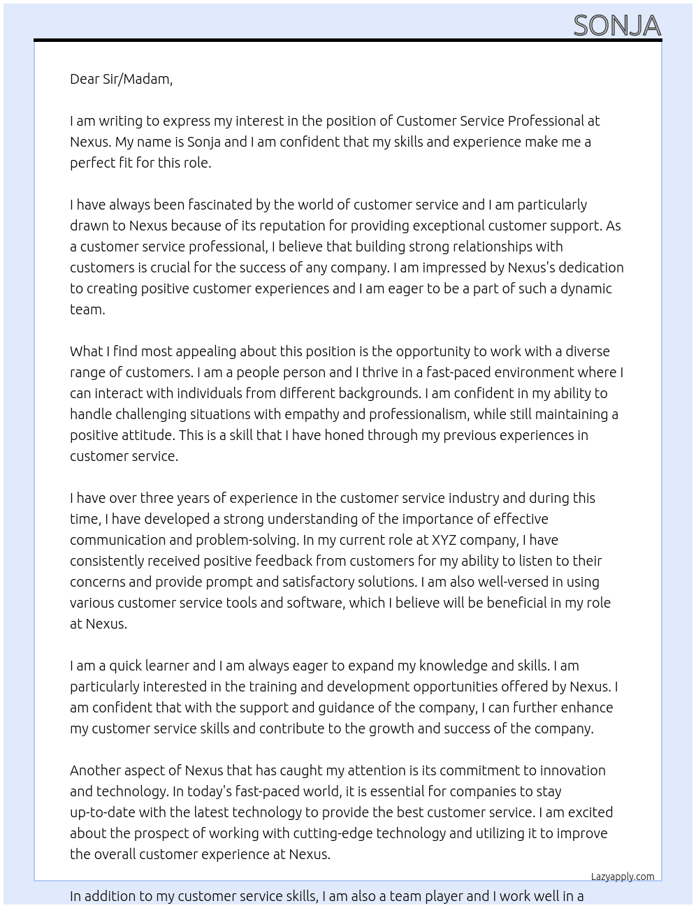 Customer Service Professional At Nexus Cover Letter