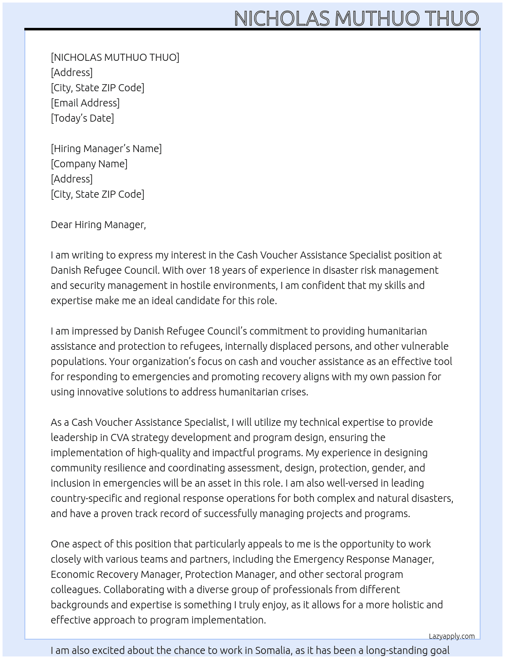 Cover letter for cash voucher assistance specialist - LazyApply