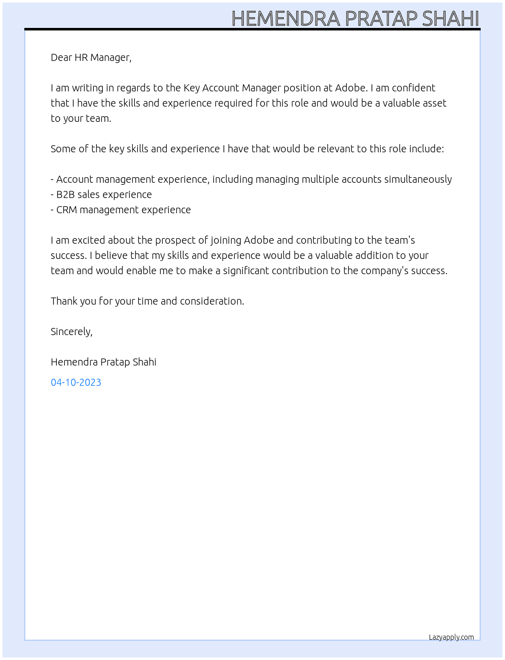 Key Account Manager At Adobe Cover Letter