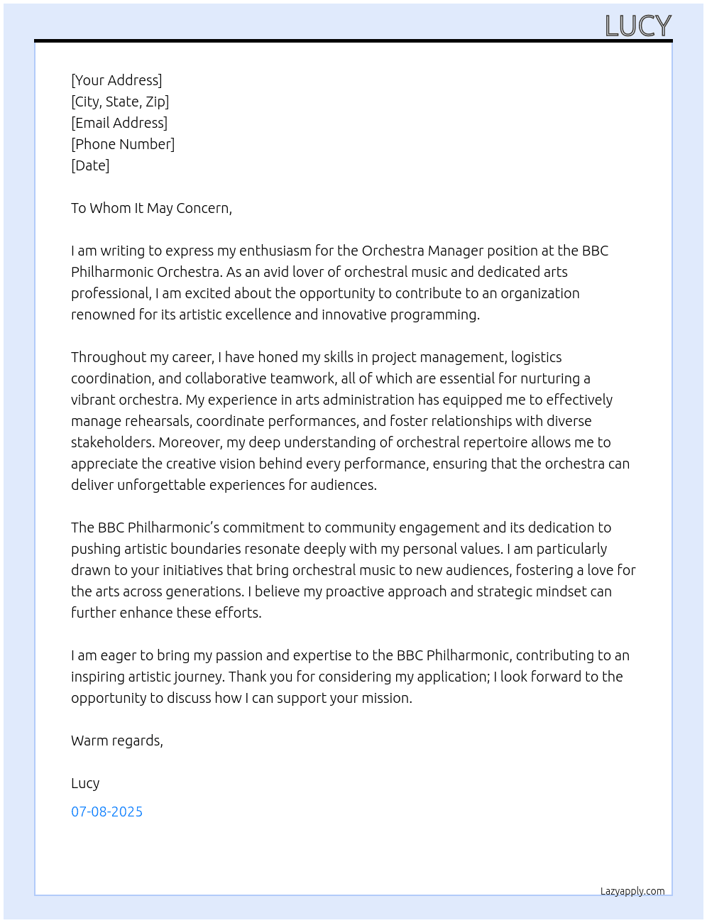 Cover letter for orchestra manager - LazyApply