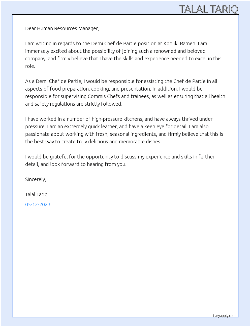 Demi Chef de Partie At Konjiki Ramen Cover Letter